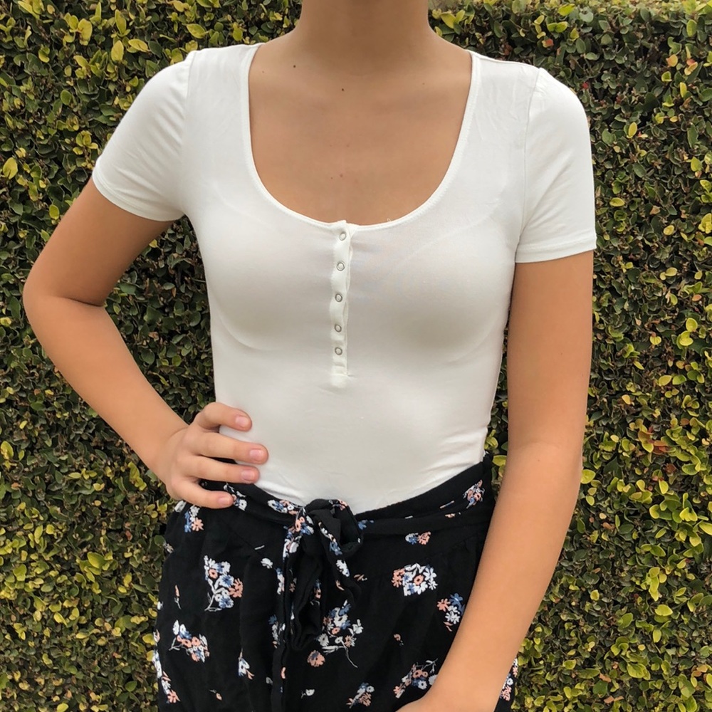 White scoop-neck button up bodysuit